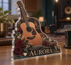 Artwork visualization: Acoustic guitar — studio wall identity, personalized AURORA, subject-shaped acrylic with printed optical 3D depth; not carved relief.
