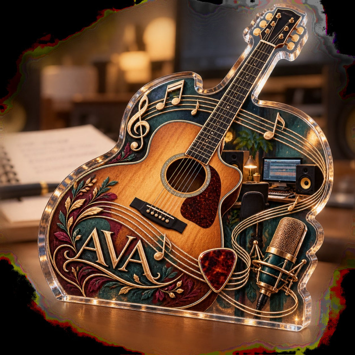 Personalized Acoustic Guitar Creative Desk Setup custom shape acrylic plaque with an example name set into the artwork, digital preview