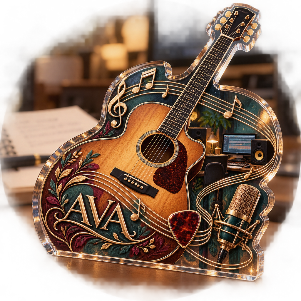 Artwork visualization: Acoustic guitar — creative desk setup, personalized AVA, subject-shaped acrylic with printed optical 3D depth; not carved relief.