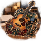 Artwork visualization: Acoustic guitar — creative desk setup, personalized AVA, subject-shaped acrylic with printed optical 3D depth; not carved relief.