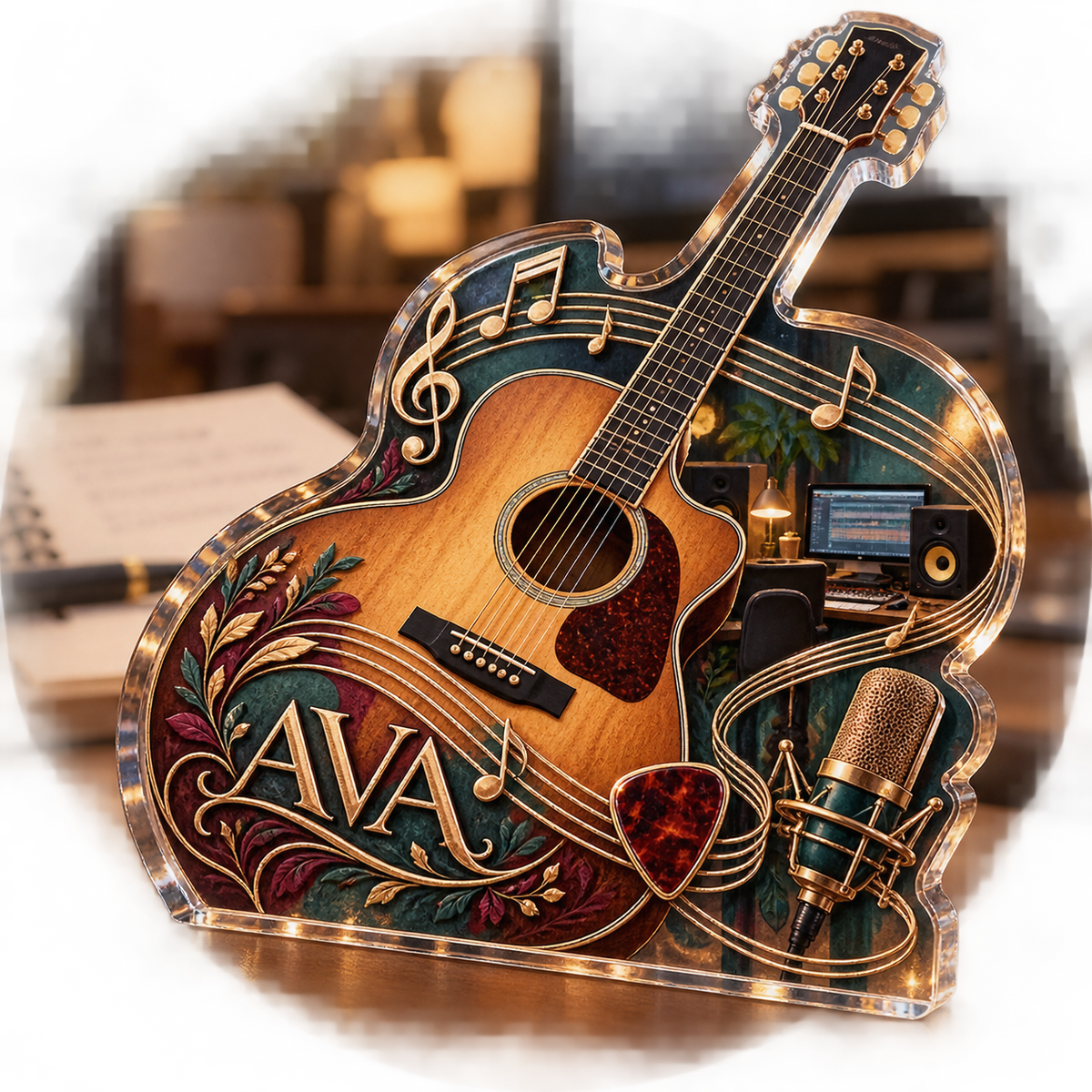 Artwork visualization: Acoustic guitar — creative desk setup, personalized AVA, subject-shaped acrylic with printed optical 3D depth; not carved relief.