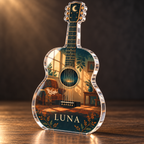 Artwork visualization: Acoustic guitar — beginner encouragement, personalized LUNA, subject-shaped acrylic with printed optical 3D depth; not carved relief.