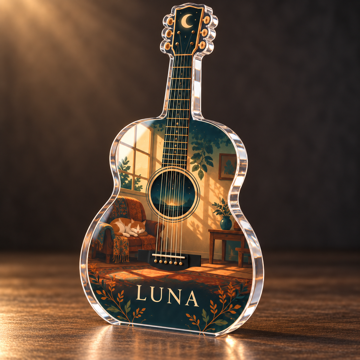 Artwork visualization: Acoustic guitar — beginner encouragement, personalized LUNA, subject-shaped acrylic with printed optical 3D depth; not carved relief.