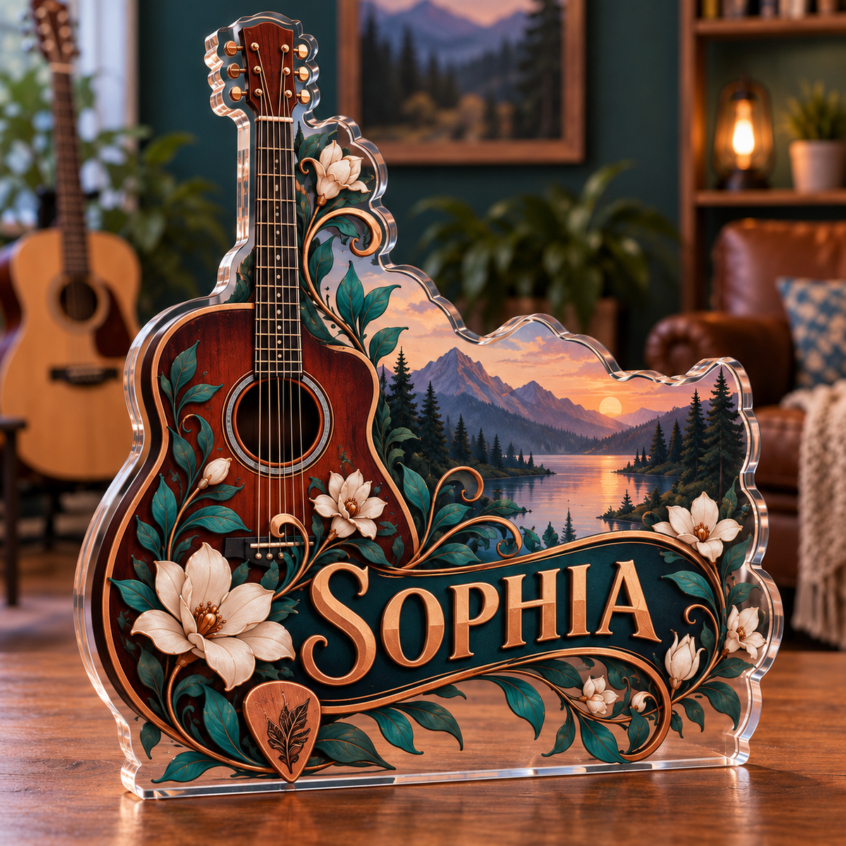 Artwork visualization: Acoustic guitar — hobby room centerpiece, personalized SOPHIA, subject-shaped acrylic with printed optical 3D depth; not carved relief.