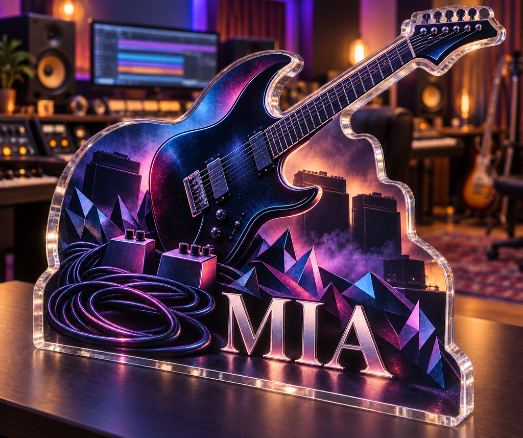 Artwork visualization: Electric guitar — studio wall identity, personalized MIA, subject-shaped acrylic with printed optical 3D depth; not carved relief.