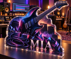 Artwork visualization: Electric guitar — studio wall identity, personalized MIA, subject-shaped acrylic with printed optical 3D depth; not carved relief.