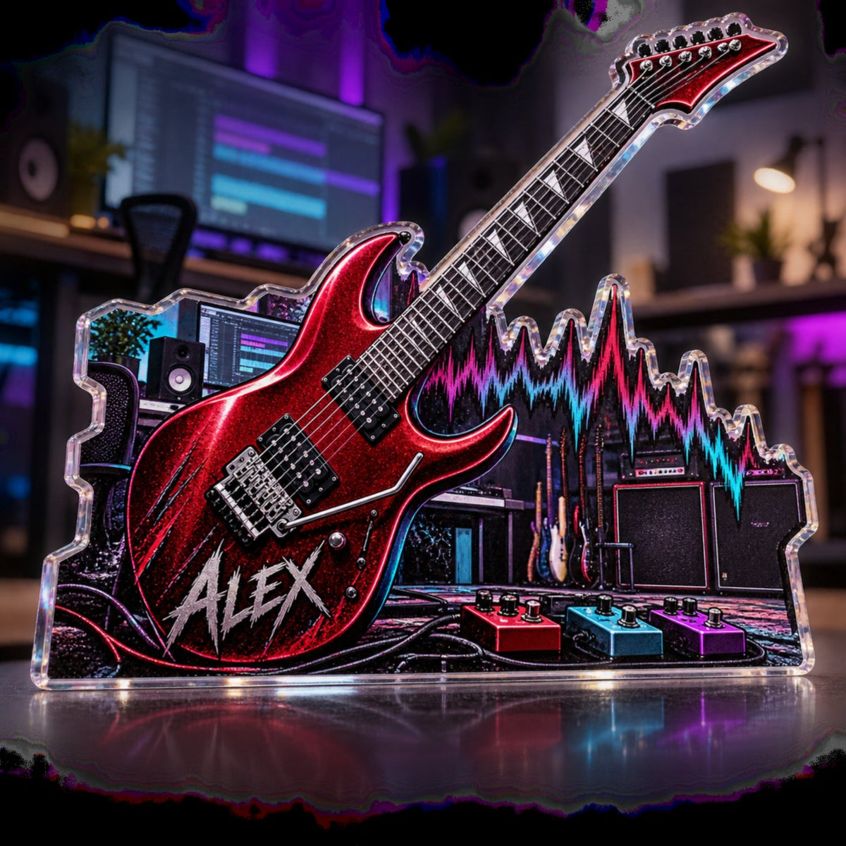 Personalized Electric Guitar Creative Desk Setup custom shape acrylic plaque with an example name set into the artwork, digital preview