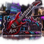 Artwork visualization: Electric guitar — creative desk setup, personalized ALEX, subject-shaped acrylic with printed optical 3D depth; not carved relief.