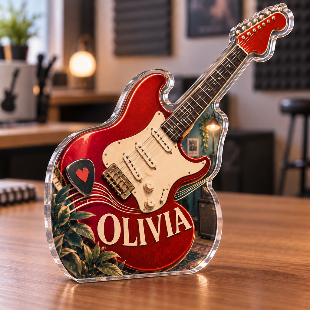 Artwork visualization: Electric guitar — beginner encouragement, personalized OLIVIA, subject-shaped acrylic with printed optical 3D depth; not carved relief.
