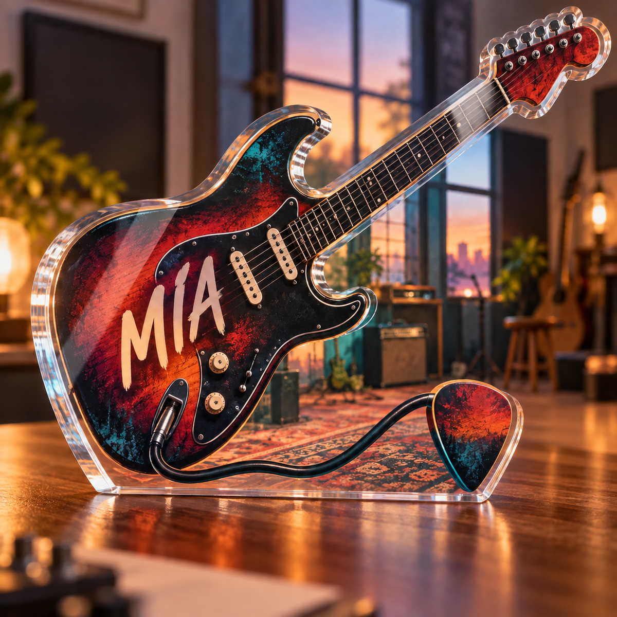 Artwork visualization: Electric guitar — mentor appreciation, personalized MIA, subject-shaped acrylic with printed optical 3D depth; not carved relief.