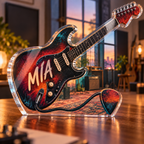 Artwork visualization: Electric guitar — mentor appreciation, personalized MIA, subject-shaped acrylic with printed optical 3D depth; not carved relief.