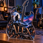 Artwork visualization: Electric guitar — hobby room centerpiece, personalized ALEX, subject-shaped acrylic with printed optical 3D depth; not carved relief.