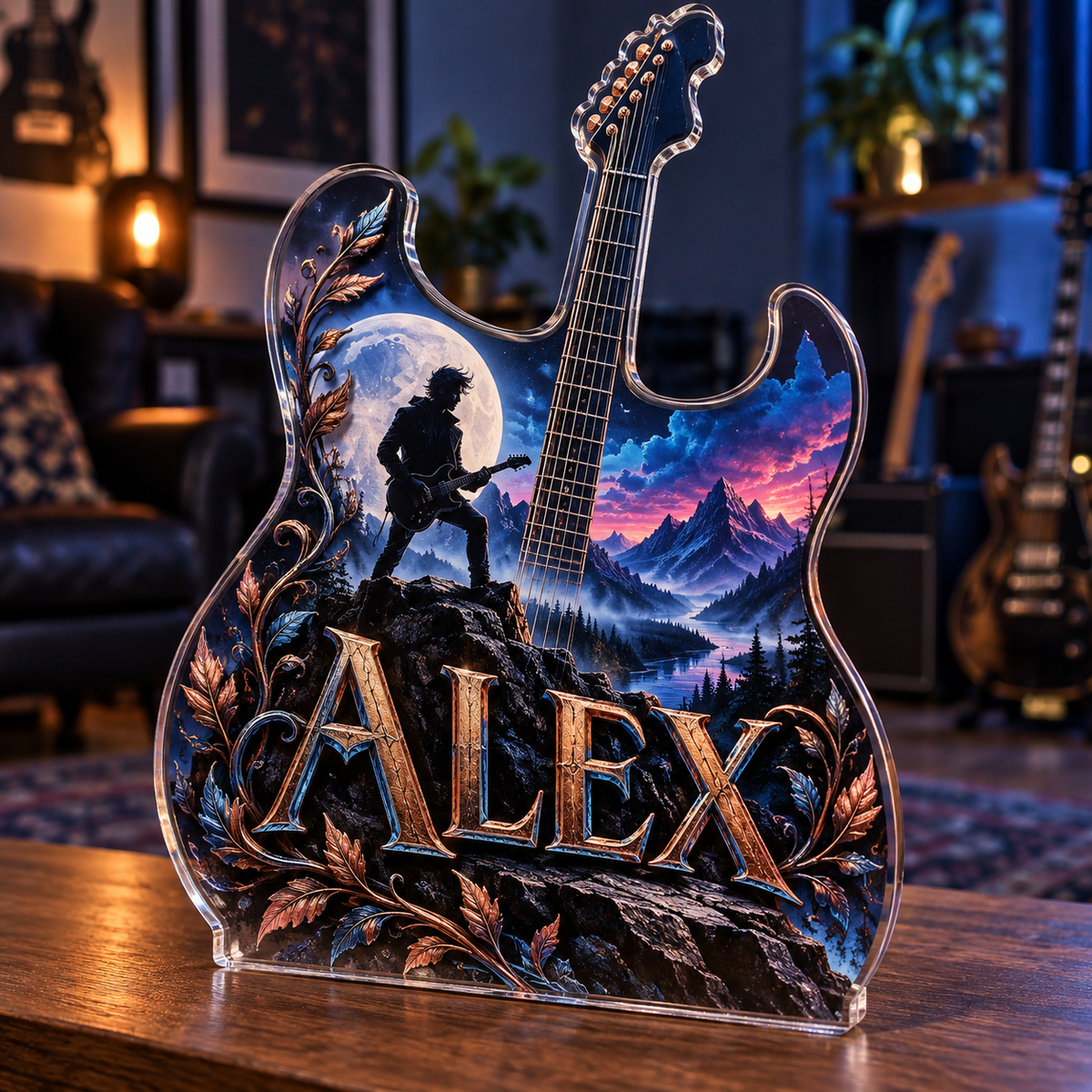 Artwork visualization: Electric guitar — hobby room centerpiece, personalized ALEX, subject-shaped acrylic with printed optical 3D depth; not carved relief.