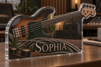 Artwork visualization: Bass guitar — studio wall identity, personalized SOPHIA, subject-shaped acrylic with printed optical 3D depth; not carved relief.