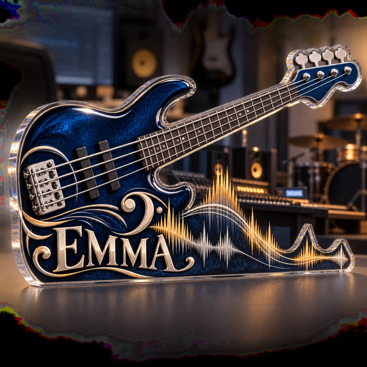 Personalized Bass Guitar Creative Desk Setup custom shape acrylic plaque with an example name set into the artwork, digital preview