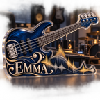 Artwork visualization: Bass guitar — creative desk setup, personalized EMMA, subject-shaped acrylic with printed optical 3D depth; not carved relief.