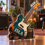 Artwork visualization: Bass guitar — beginner encouragement, personalized ISLA, subject-shaped acrylic with printed optical 3D depth; not carved relief.