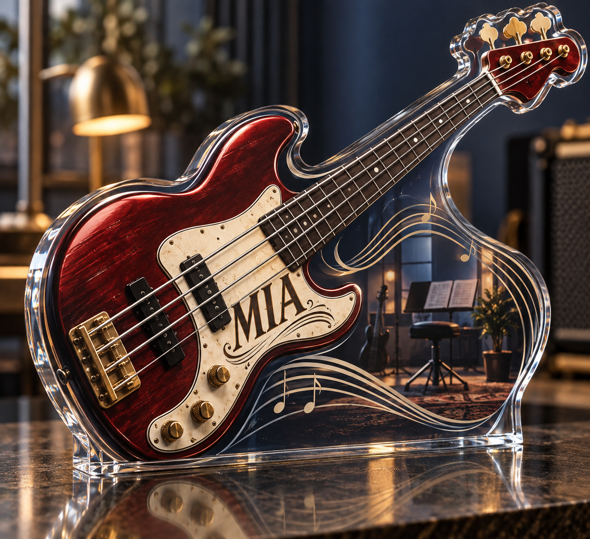 Artwork visualization: Bass guitar — mentor appreciation, personalized MIA, subject-shaped acrylic with printed optical 3D depth; not carved relief.