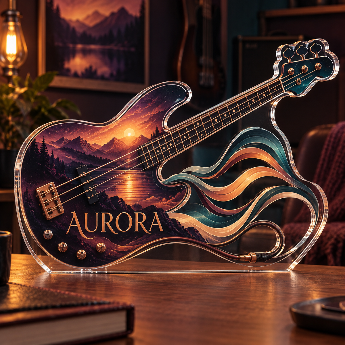 Artwork visualization: Bass guitar — hobby room centerpiece, personalized AURORA, subject-shaped acrylic with printed optical 3D depth; not carved relief.