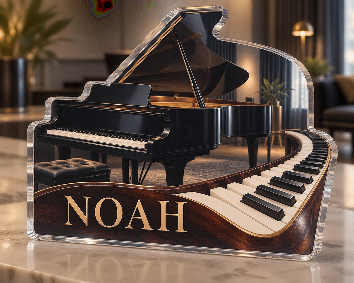 Artwork visualization: Piano keys — studio wall identity, personalized NOAH, subject-shaped acrylic with printed optical 3D depth; not carved relief.