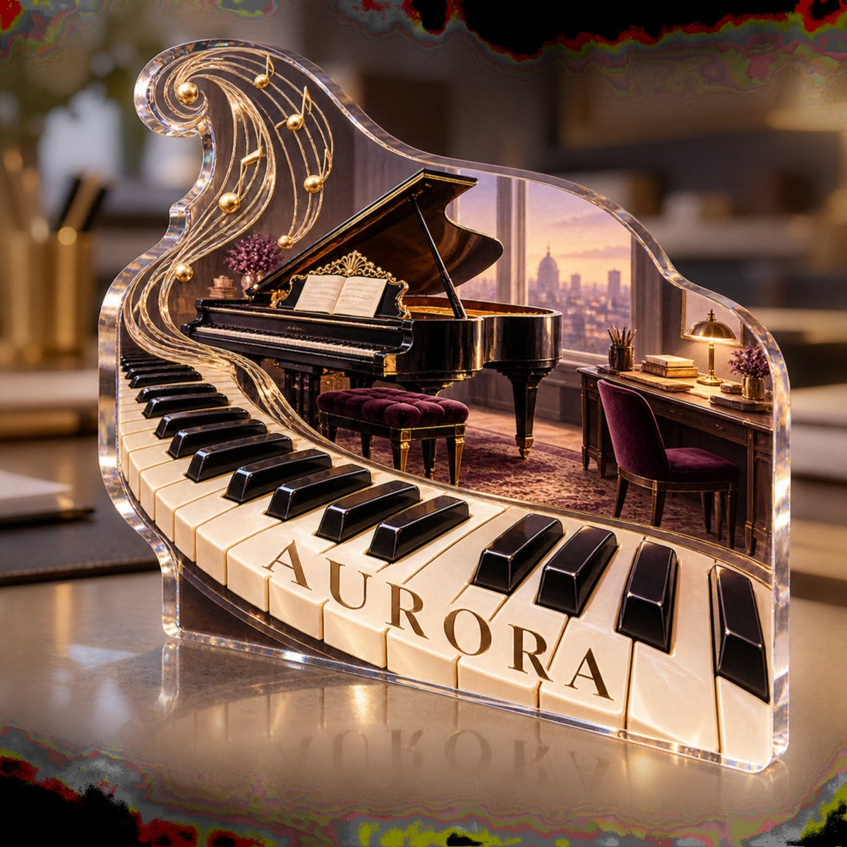 Personalized Piano Keys Creative Desk Setup custom shape acrylic plaque with an example name set into the artwork, digital preview