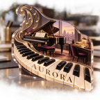 Artwork visualization: Piano keys — creative desk setup, personalized AURORA, subject-shaped acrylic with printed optical 3D depth; not carved relief.