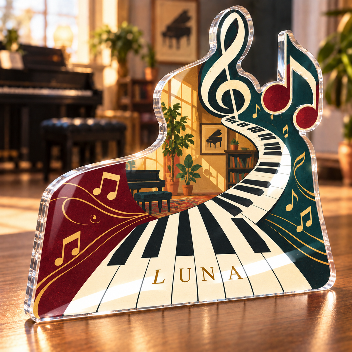 Artwork visualization: Piano keys — beginner encouragement, personalized LUNA, subject-shaped acrylic with printed optical 3D depth; not carved relief.