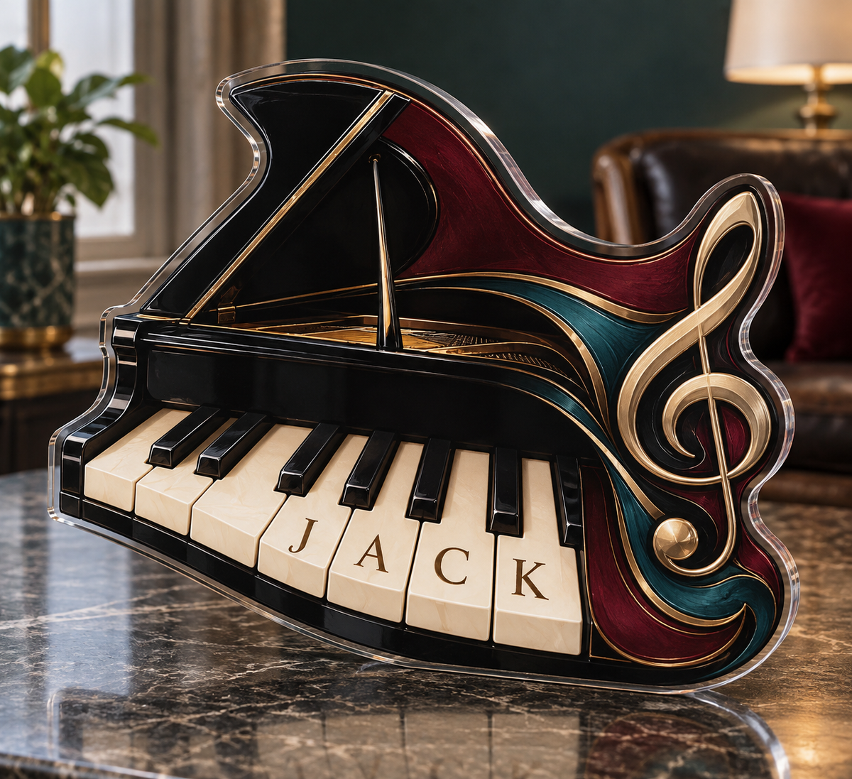 Artwork visualization: Piano keys — hobby room centerpiece, personalized JACK, subject-shaped acrylic with printed optical 3D depth; not carved relief.