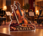 Artwork visualization: Violin strings — studio wall identity, personalized OLIVIA, subject-shaped acrylic with printed optical 3D depth; not carved relief.