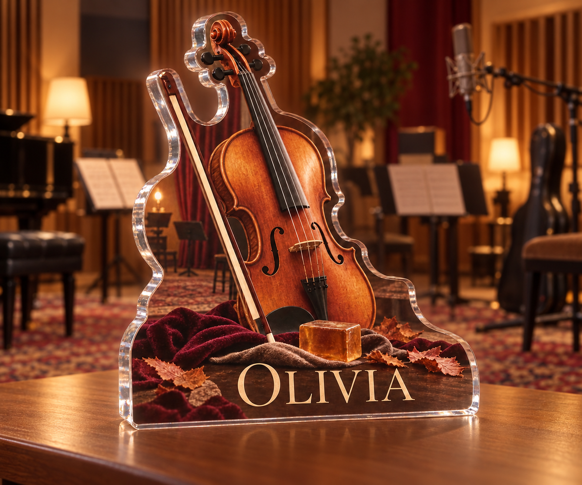 Artwork visualization: Violin strings — studio wall identity, personalized OLIVIA, subject-shaped acrylic with printed optical 3D depth; not carved relief.