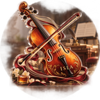 Artwork visualization: Violin strings — creative desk setup, personalized ISLA, subject-shaped acrylic with printed optical 3D depth; not carved relief.