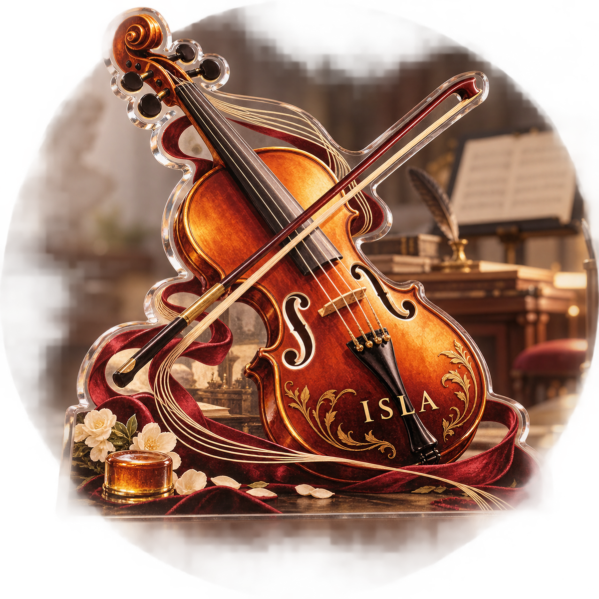 Artwork visualization: Violin strings — creative desk setup, personalized ISLA, subject-shaped acrylic with printed optical 3D depth; not carved relief.