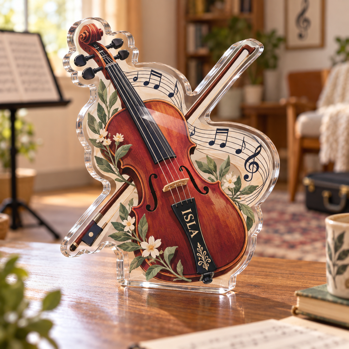 Artwork visualization: Violin strings — beginner encouragement, personalized ISLA, subject-shaped acrylic with printed optical 3D depth; not carved relief.