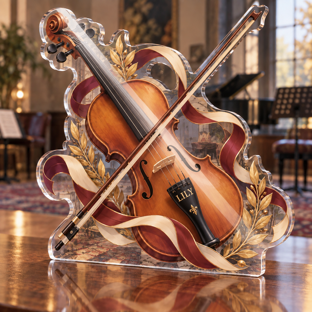 Artwork visualization: Violin strings — mentor appreciation, personalized LILY, subject-shaped acrylic with printed optical 3D depth; not carved relief.