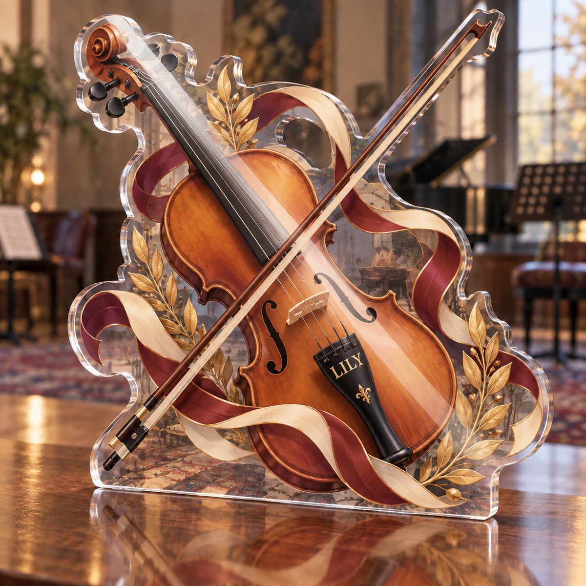 Artwork visualization: Violin strings — mentor appreciation, personalized LILY, subject-shaped acrylic with printed optical 3D depth; not carved relief.