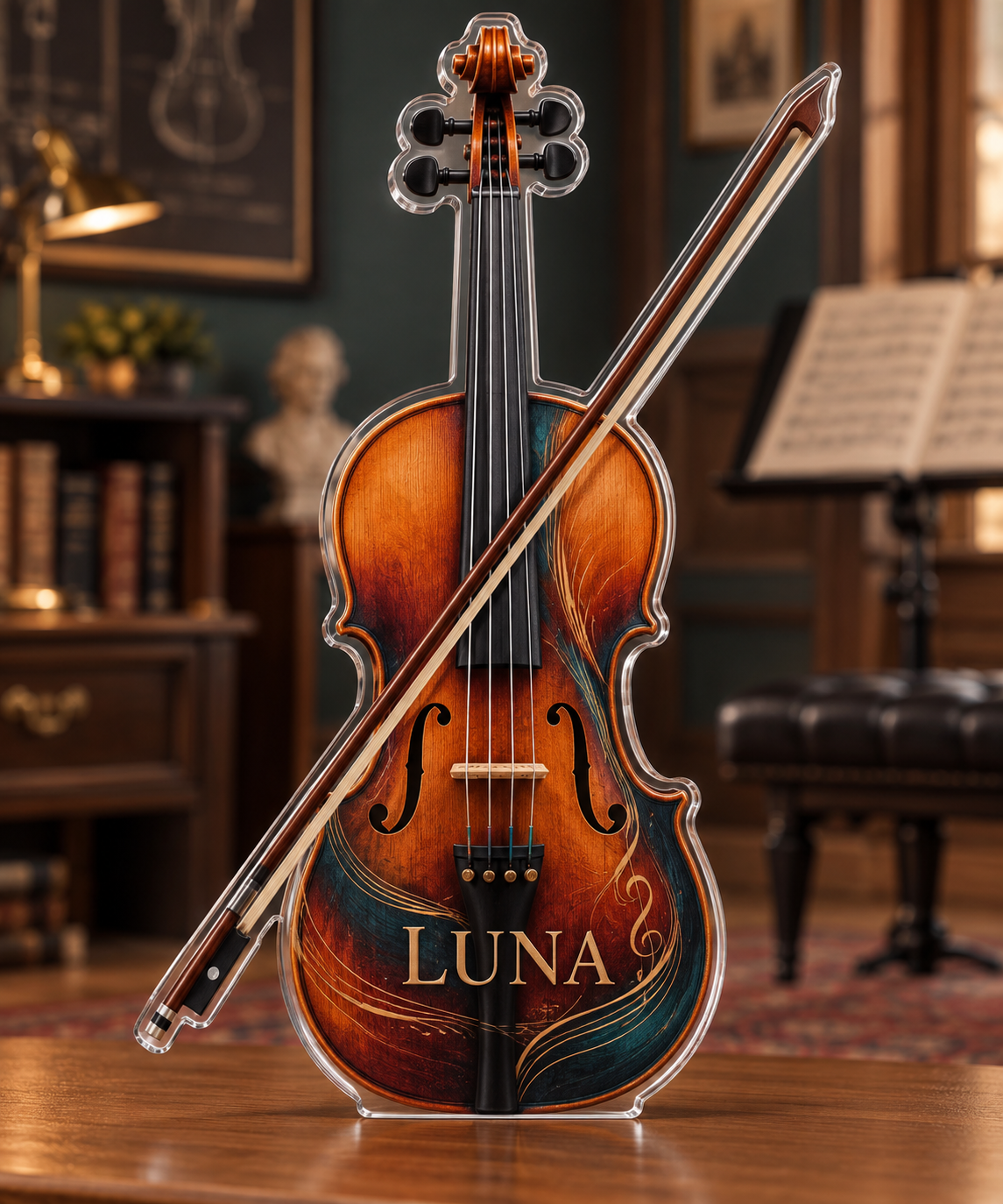 Artwork visualization: Violin strings — hobby room centerpiece, personalized LUNA, subject-shaped acrylic with printed optical 3D depth; not carved relief.