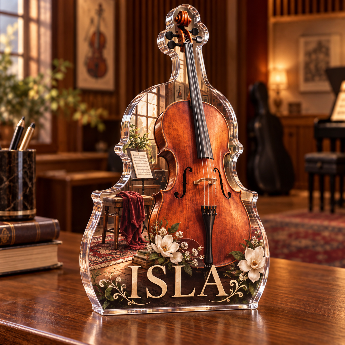 Artwork visualization: Cello — studio wall identity, personalized ISLA, subject-shaped acrylic with printed optical 3D depth; not carved relief.