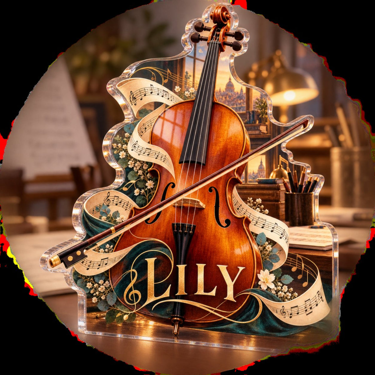 Personalized Cello Creative Desk Setup custom shape acrylic plaque with an example name set into the artwork, digital preview
