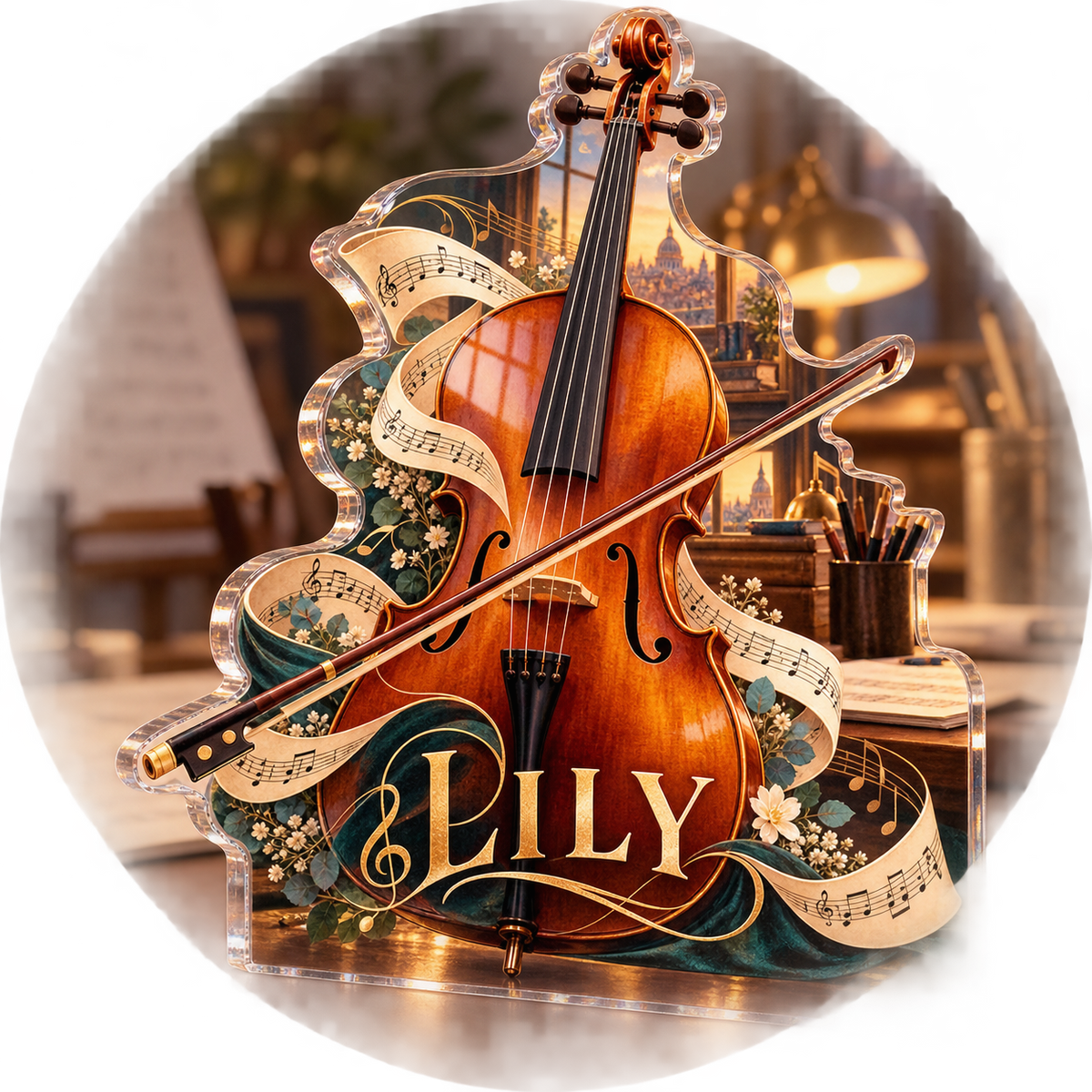 Artwork visualization: Cello — creative desk setup, personalized LILY, subject-shaped acrylic with printed optical 3D depth; not carved relief.