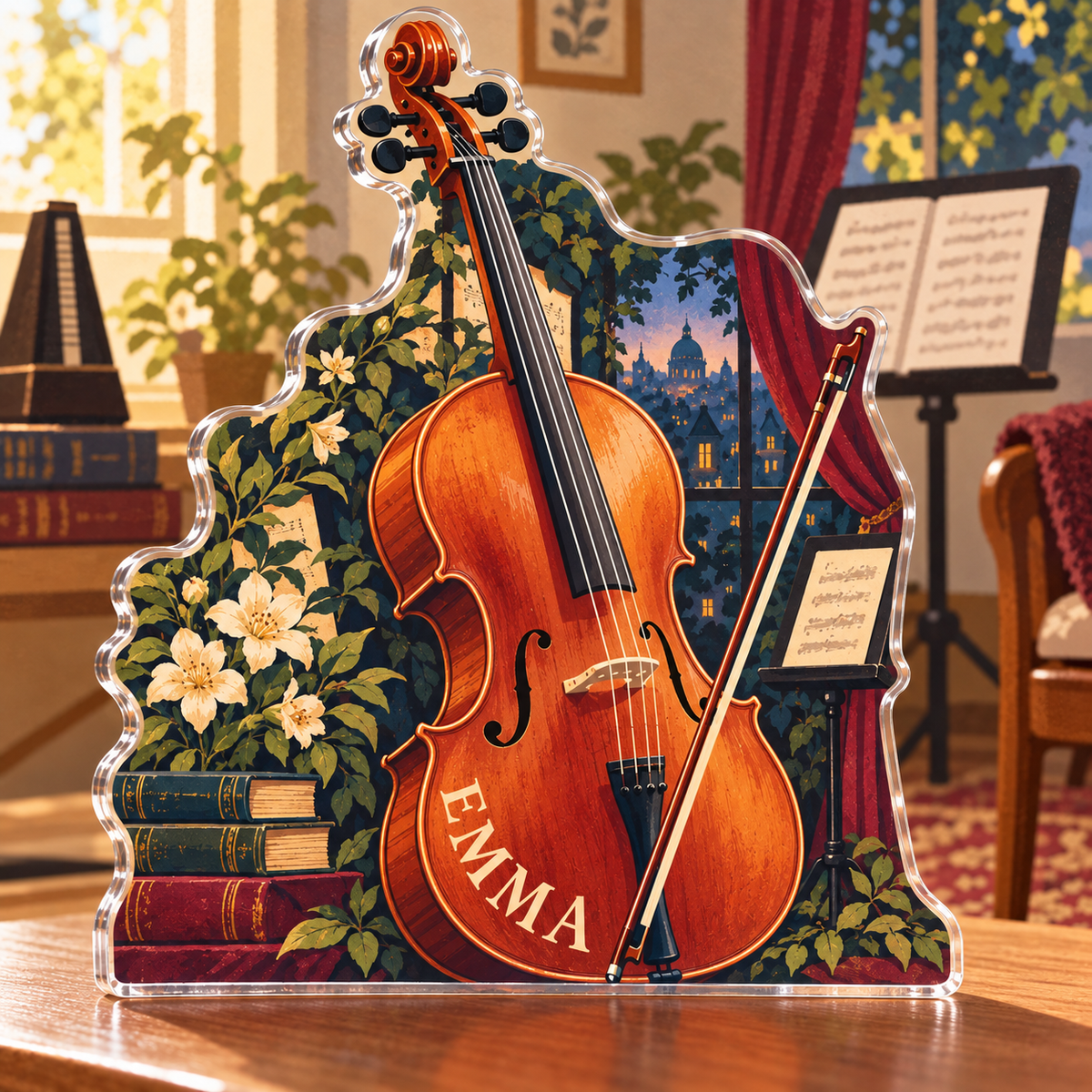 Artwork visualization: Cello — beginner encouragement, personalized EMMA, subject-shaped acrylic with printed optical 3D depth; not carved relief.