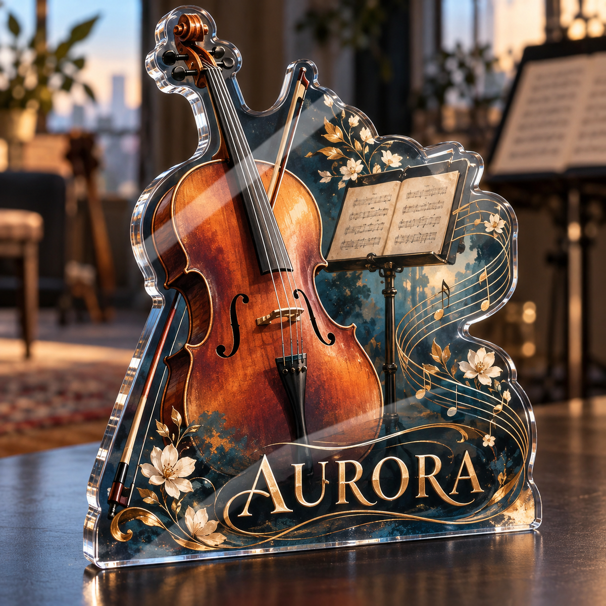 Artwork visualization: Cello — mentor appreciation, personalized AURORA, subject-shaped acrylic with printed optical 3D depth; not carved relief.