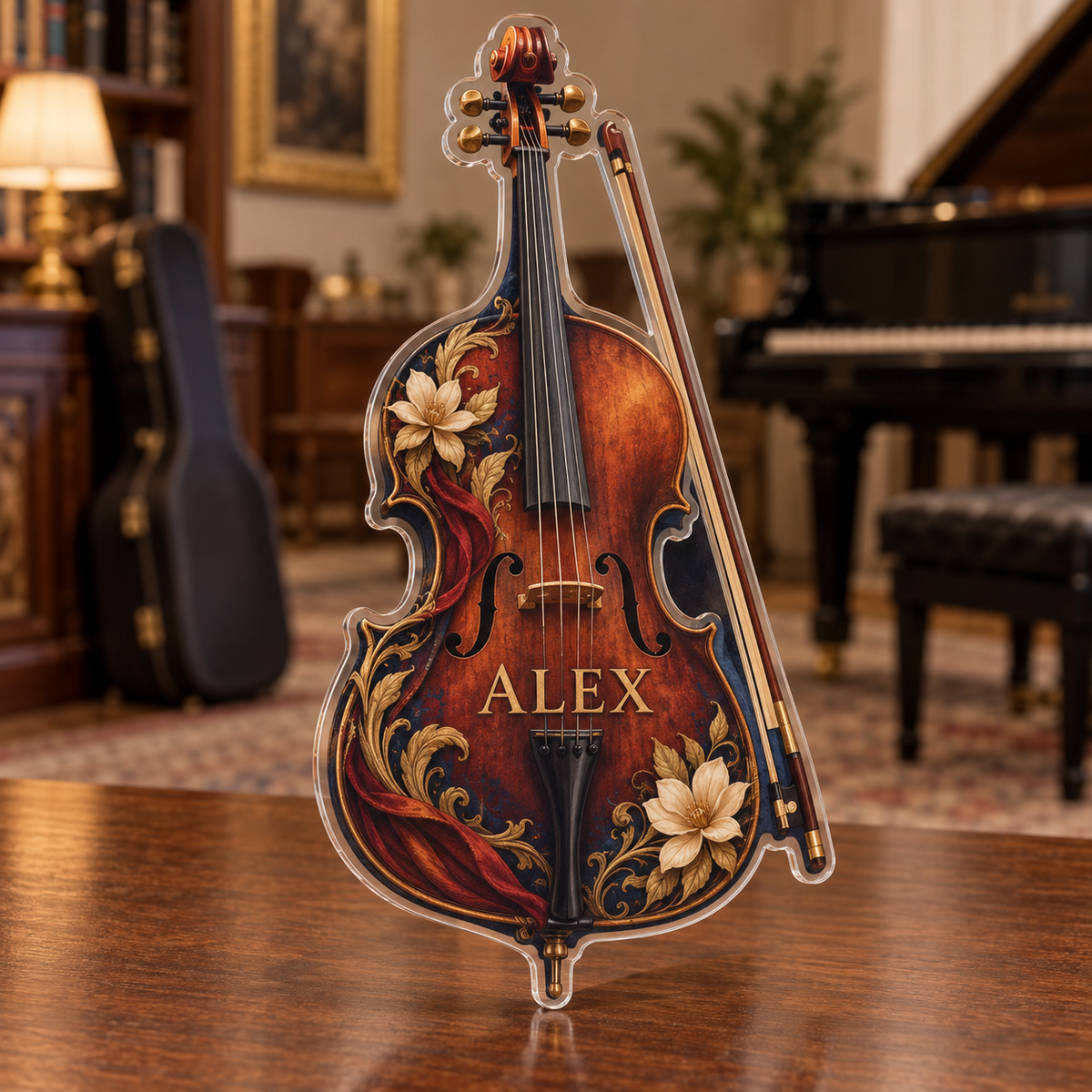 Artwork visualization: Cello — hobby room centerpiece, personalized ALEX, subject-shaped acrylic with printed optical 3D depth; not carved relief.