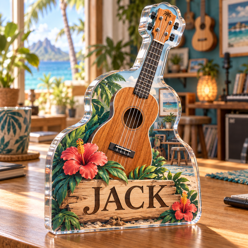Artwork visualization: Ukulele — studio wall identity, personalized JACK, subject-shaped acrylic with printed optical 3D depth; not carved relief.