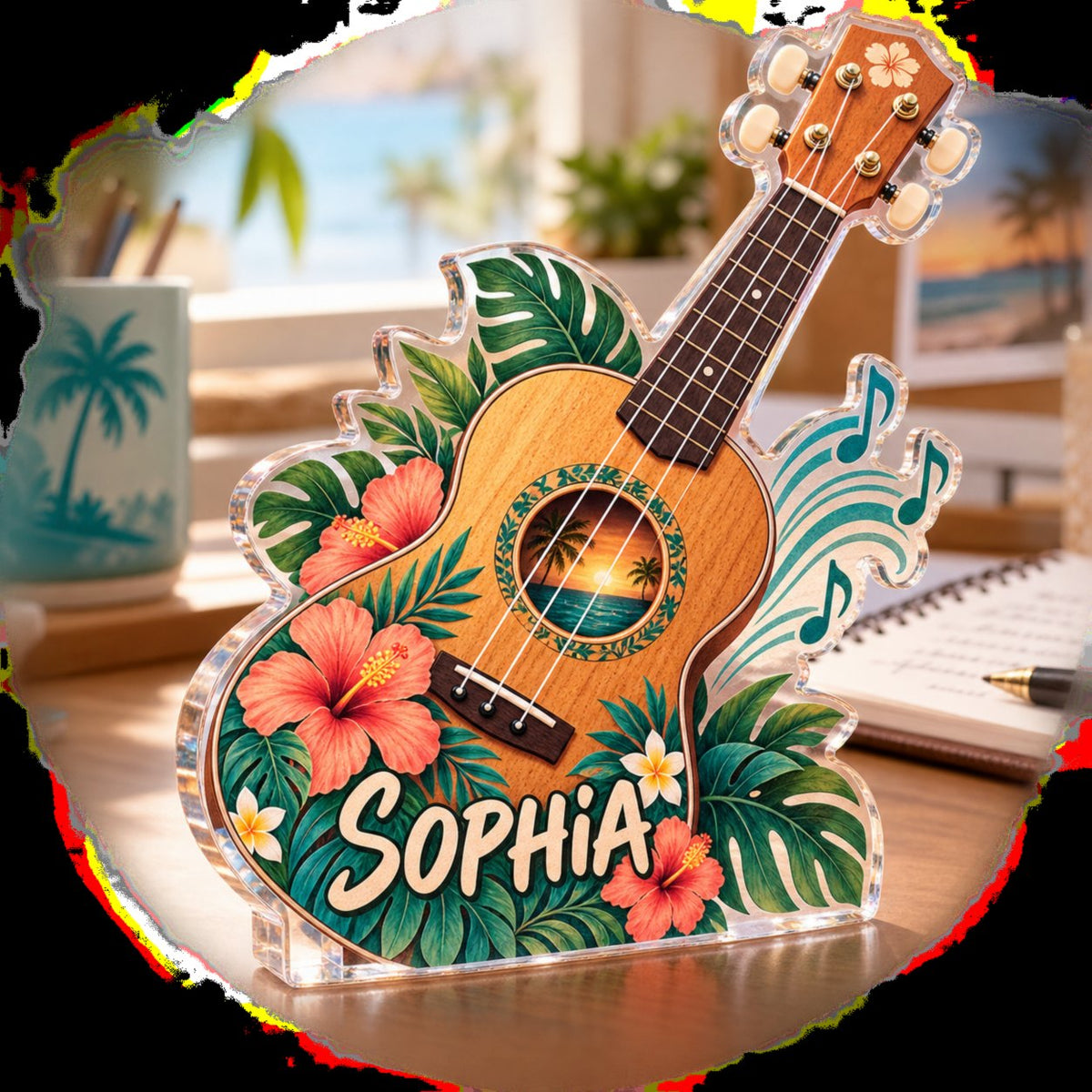 Personalized Ukulele Creative Desk Setup custom shape acrylic plaque with an example name set into the artwork, digital preview