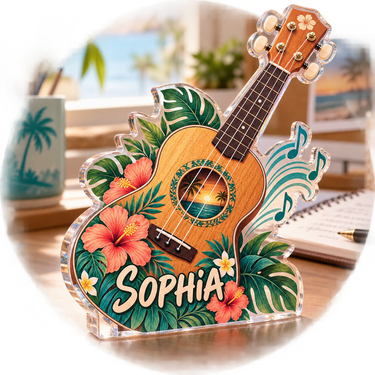 Artwork visualization: Ukulele — creative desk setup, personalized SOPHIA, subject-shaped acrylic with printed optical 3D depth; not carved relief.