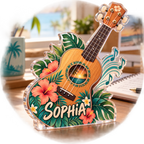 Artwork visualization: Ukulele — creative desk setup, personalized SOPHIA, subject-shaped acrylic with printed optical 3D depth; not carved relief.