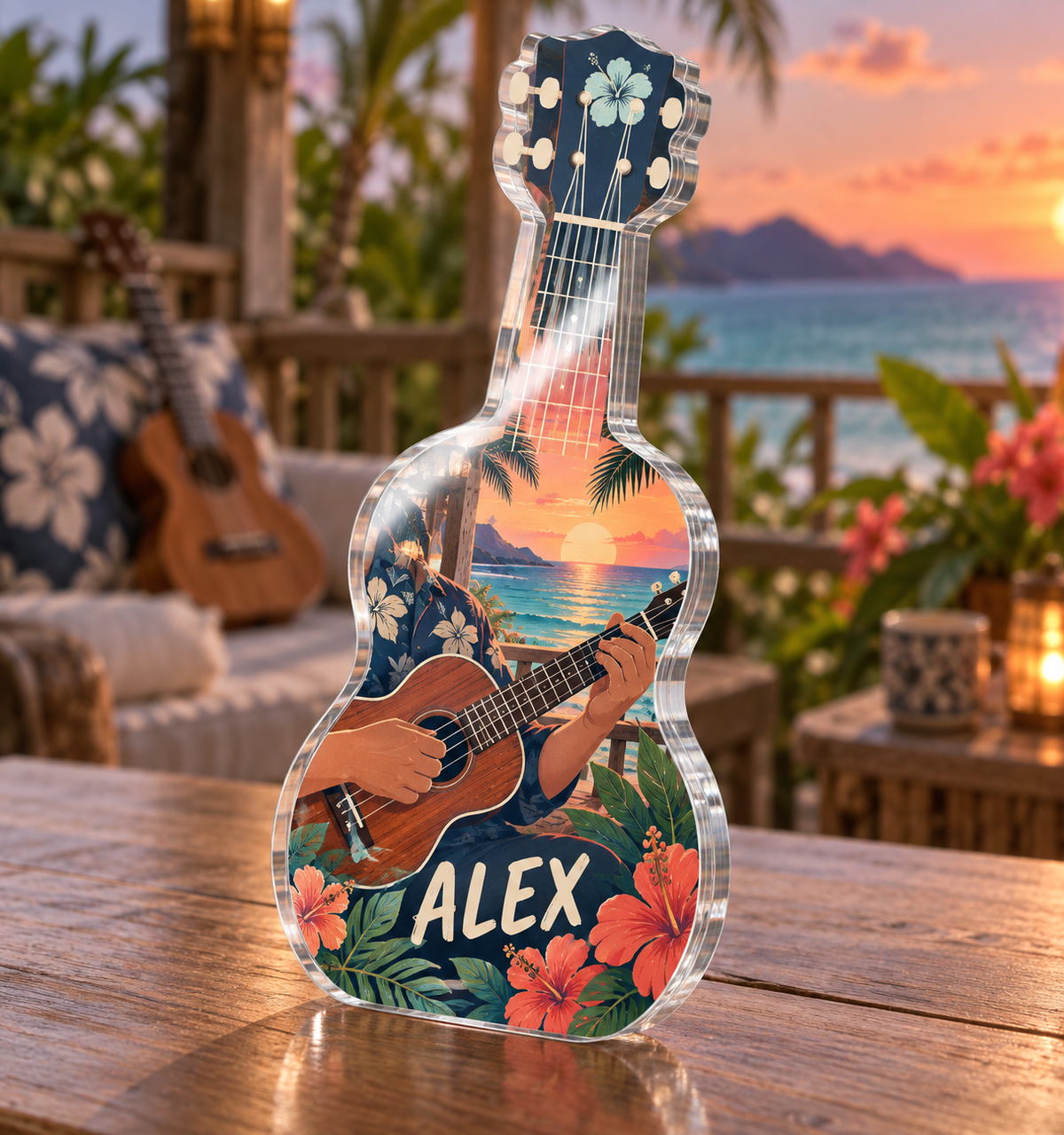 Artwork visualization: Ukulele — everyday hobby identity, personalized ALEX, subject-shaped acrylic with printed optical 3D depth; not carved relief.