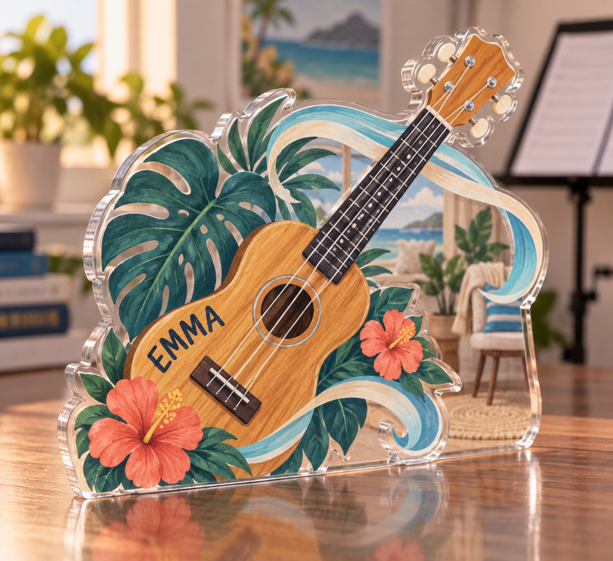 Artwork visualization: Ukulele — beginner encouragement, personalized EMMA, subject-shaped acrylic with printed optical 3D depth; not carved relief.