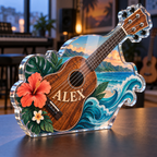 Artwork visualization: Ukulele — mentor appreciation, personalized ALEX, subject-shaped acrylic with printed optical 3D depth; not carved relief.