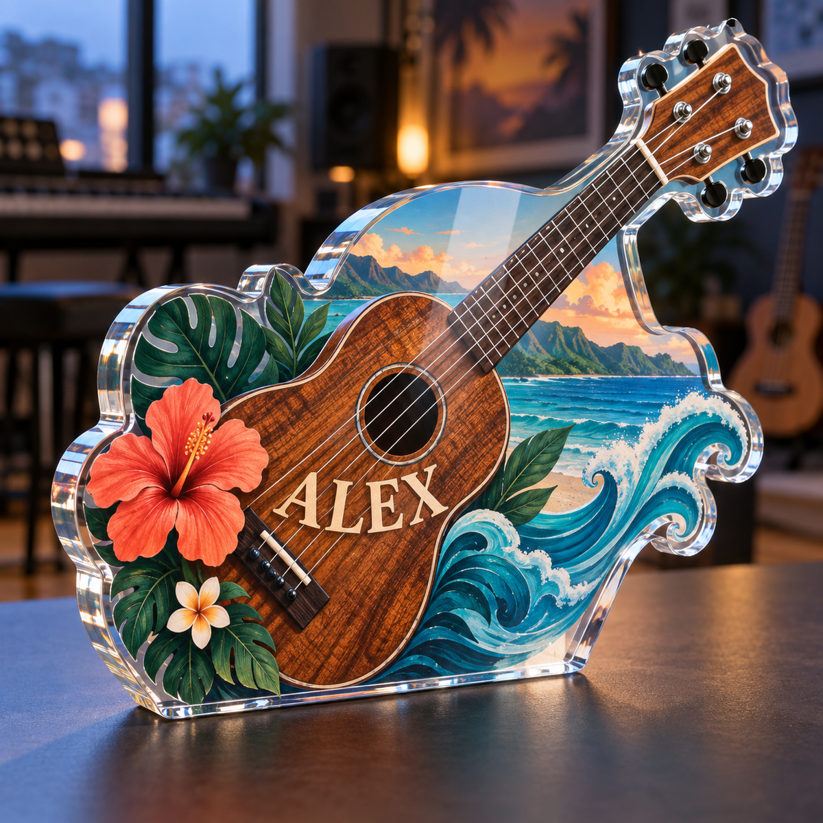 Artwork visualization: Ukulele — mentor appreciation, personalized ALEX, subject-shaped acrylic with printed optical 3D depth; not carved relief.